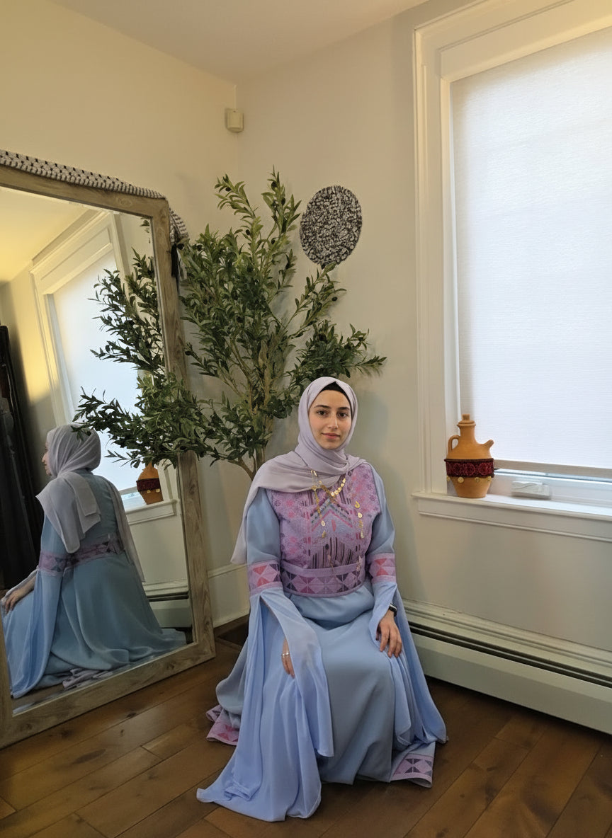 Sara - Blue with Pink Tatreez With Extra Long Sleeve Modern Dress Thobe