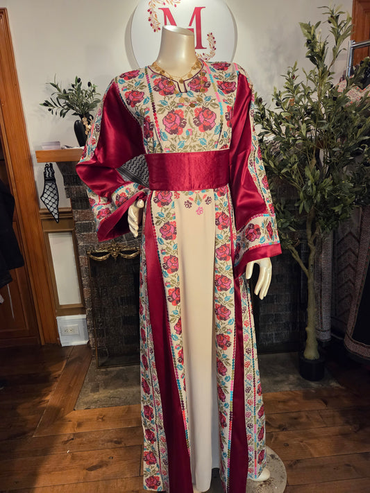 Warda Thobe - Burgundy Traditional Full Tatreez Back and Front With Satin Thobe