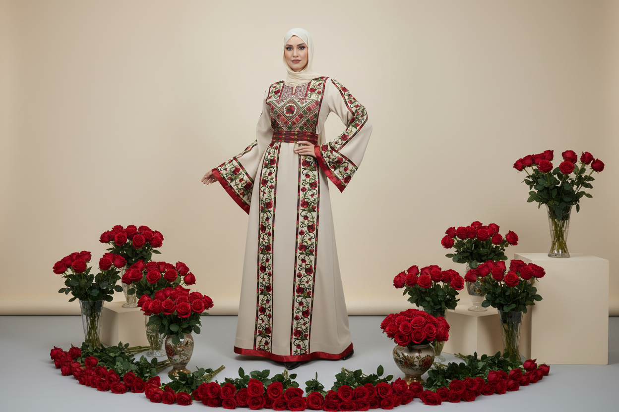 Romana Pomegranate Thobe/Dress Beige and Red Traditional Full Tatreez Back and Front Thobe