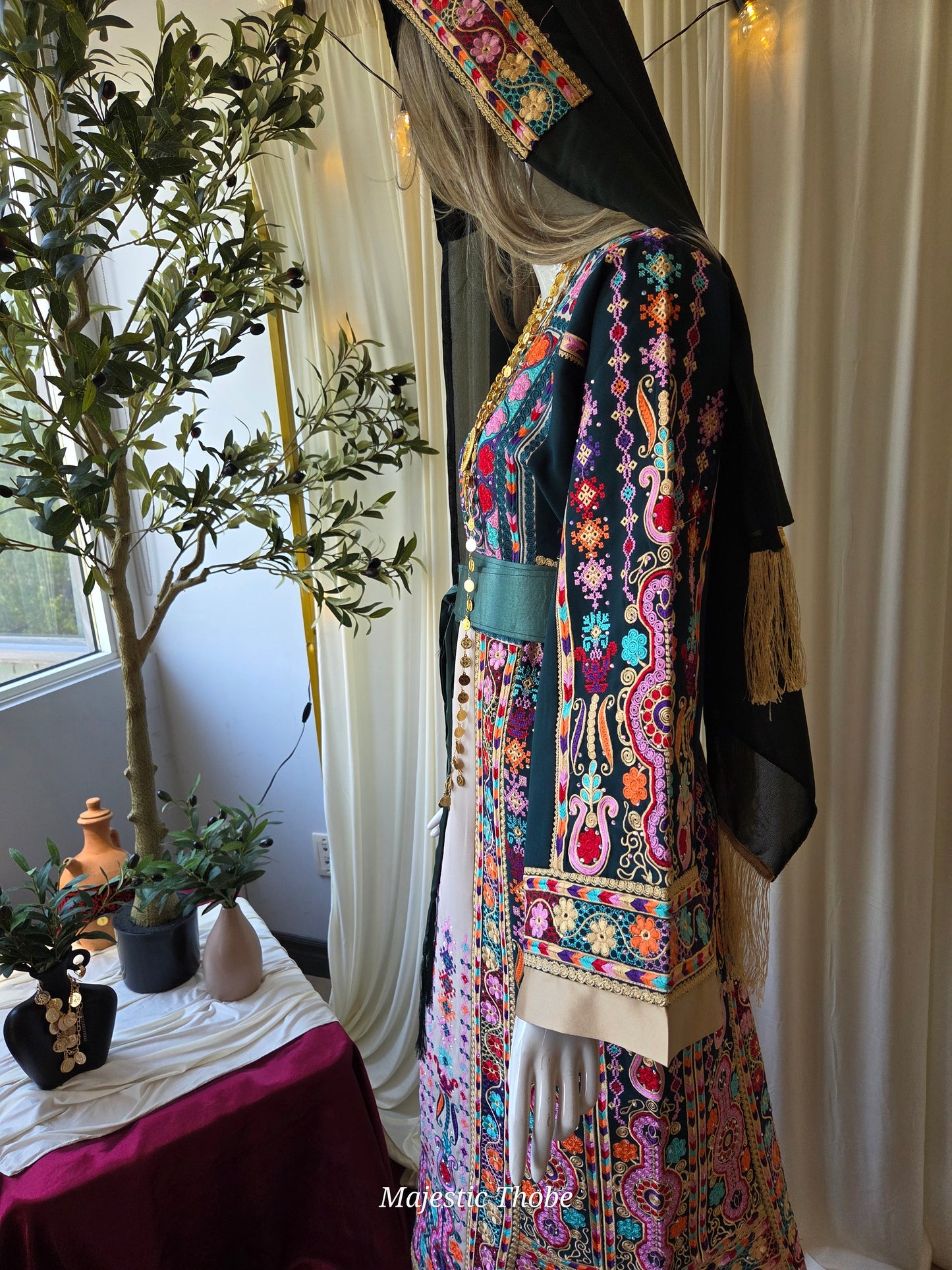 The Lujian Thobe - Green and Beige Diamond Traditional Full Tatreez Back and Front Thobe With Matching Head Veil
