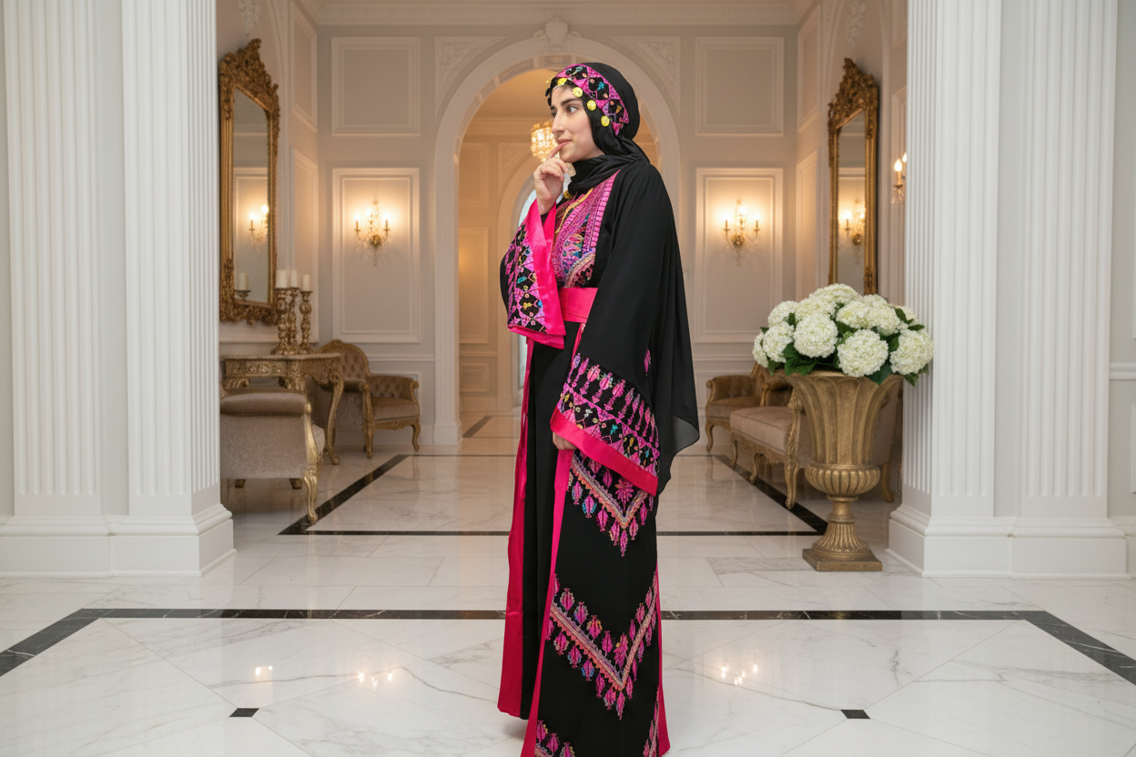 The Asia Thobe Black & Hot Pink Modern Full tatreez & Satin back and front Thobe With Matching head Veil