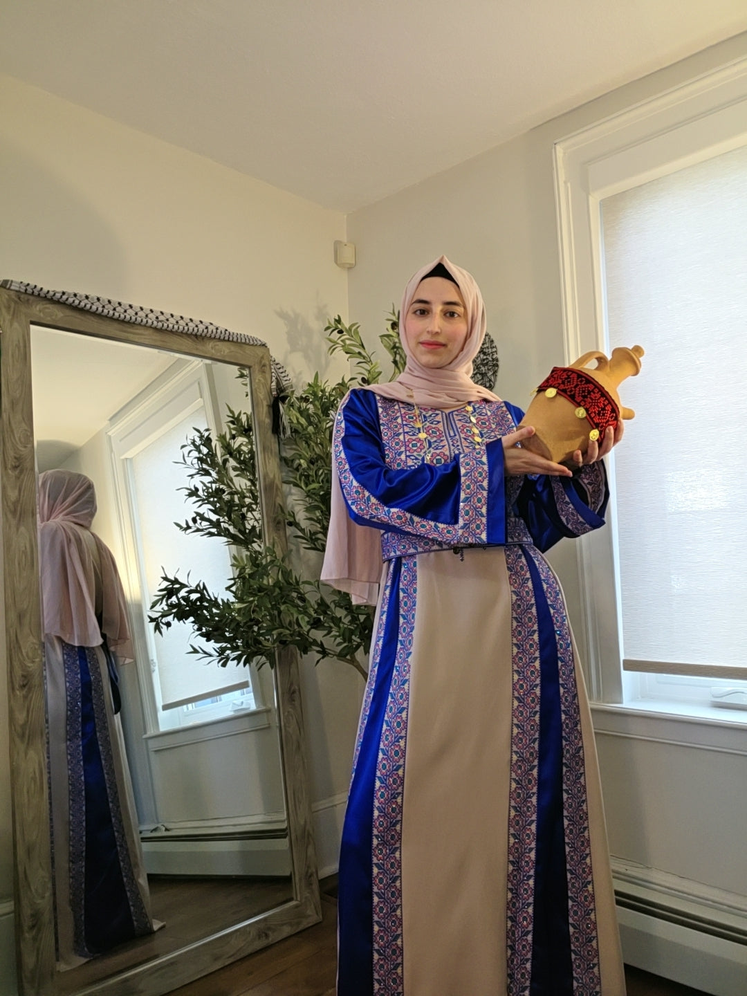 The Poppy Flower Thobe - Bright Blue/Beige With Flowers & Sparkle Traditional Long Sleeve Full Embroidered Palestinian Thobe/Dress
