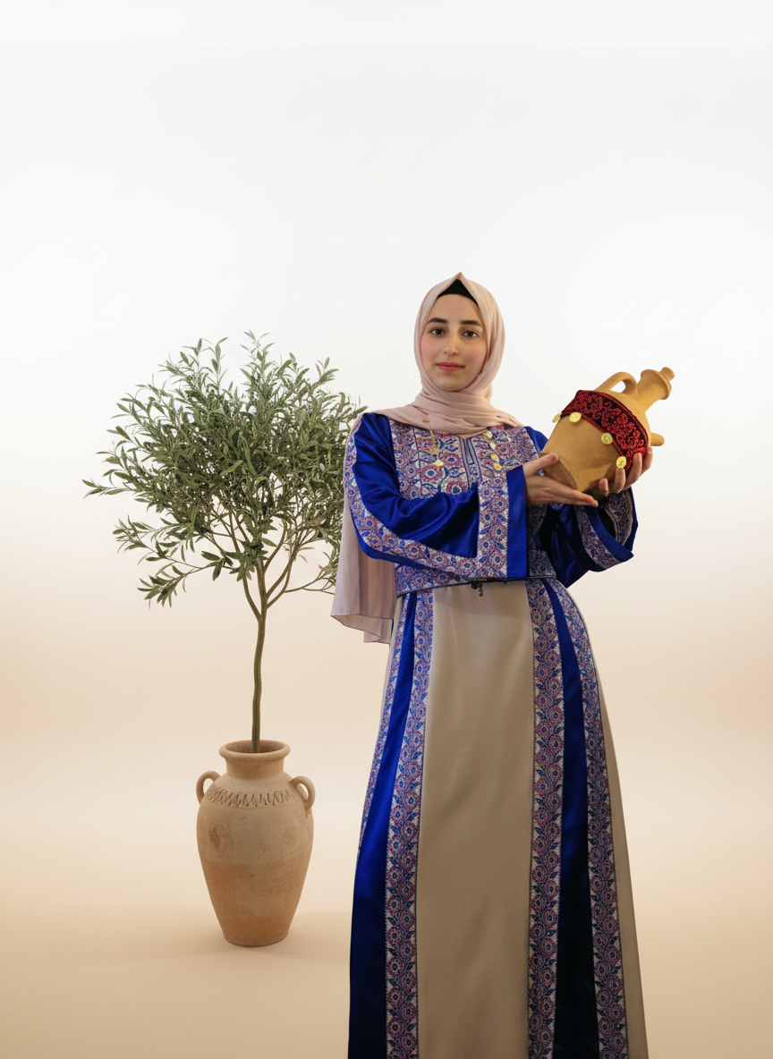 The Poppy Flower Thobe - Bright Blue/Beige With Flowers & Sparkle Traditional Long Sleeve Full Embroidered Palestinian Thobe/Dress