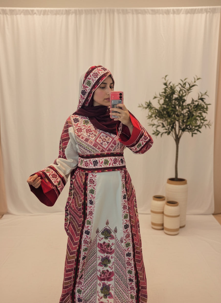 Flora Thobe Floral Traditional Full Tatreez back and front Thobe With Veil