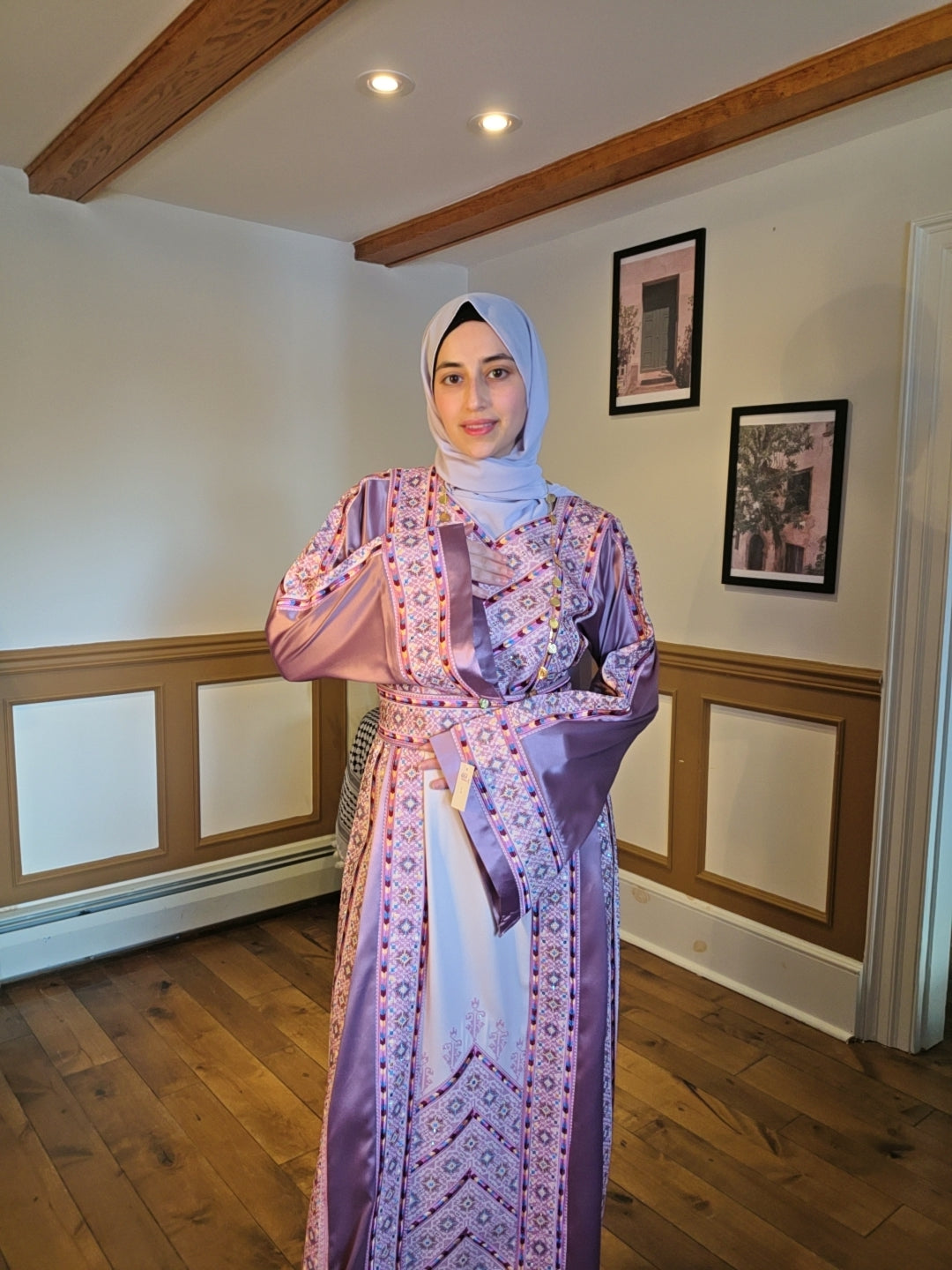 Nabuls Thobe - Lilac and Beige Traditional Full Tatreez Thobe ( No veil)