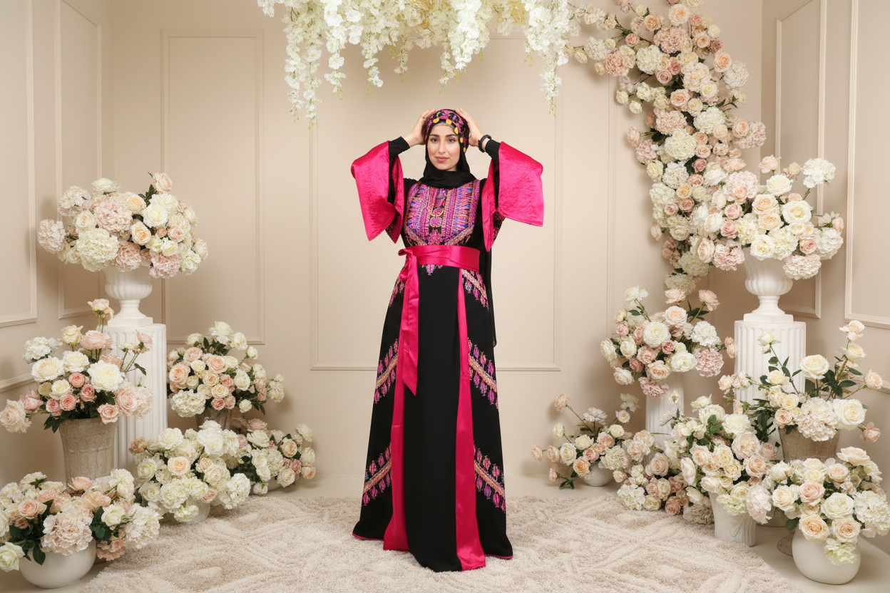 The Asia Thobe Black & Hot Pink Modern Full tatreez & Satin back and front Thobe With Matching head Veil