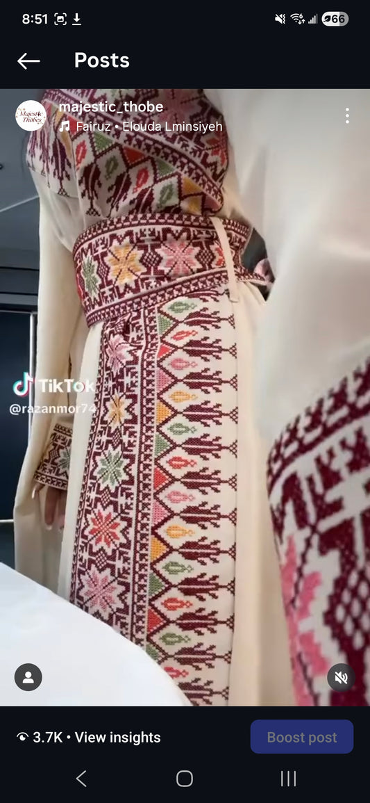 Beige Tatreez One Shoulder Embroidery Palestinian Thobe - Al Jerusalem