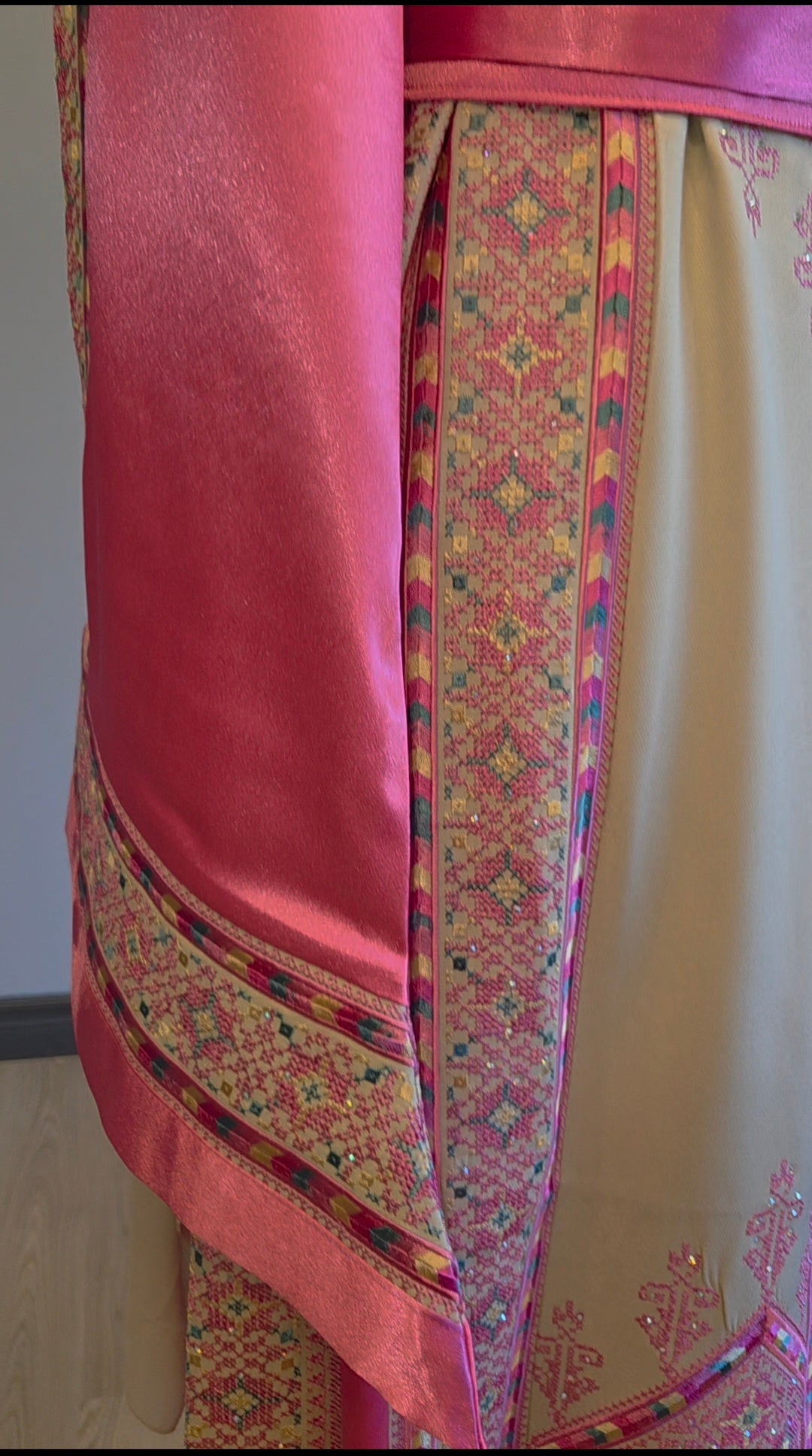 Nabuls Thobe - Hot Pink and Beige Traditional Full Tatreez Back and Front Thobe