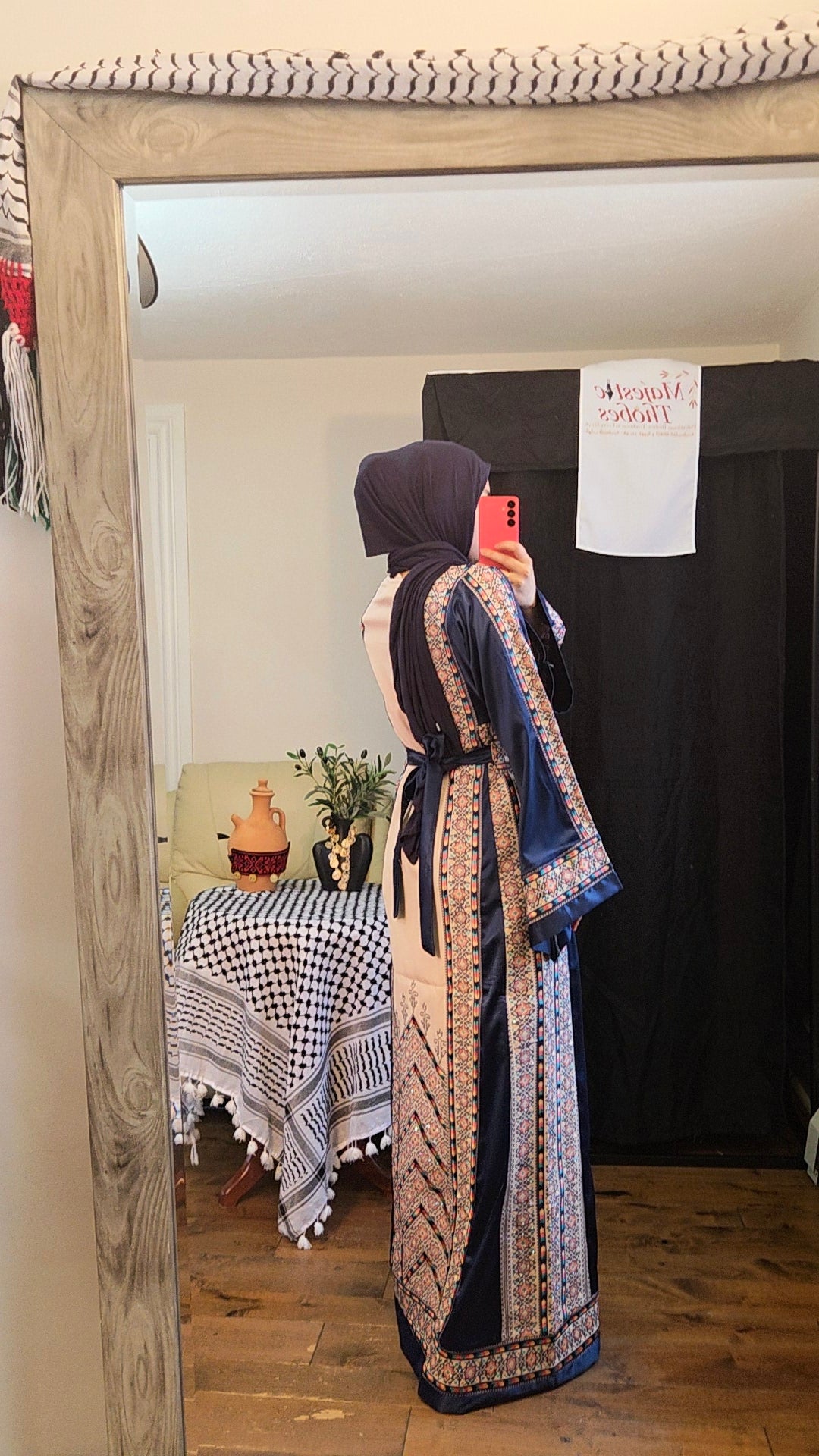 Nabuls Thobe - Navy and Beige Traditional Full tatreez back and front Thobe ( No veil)