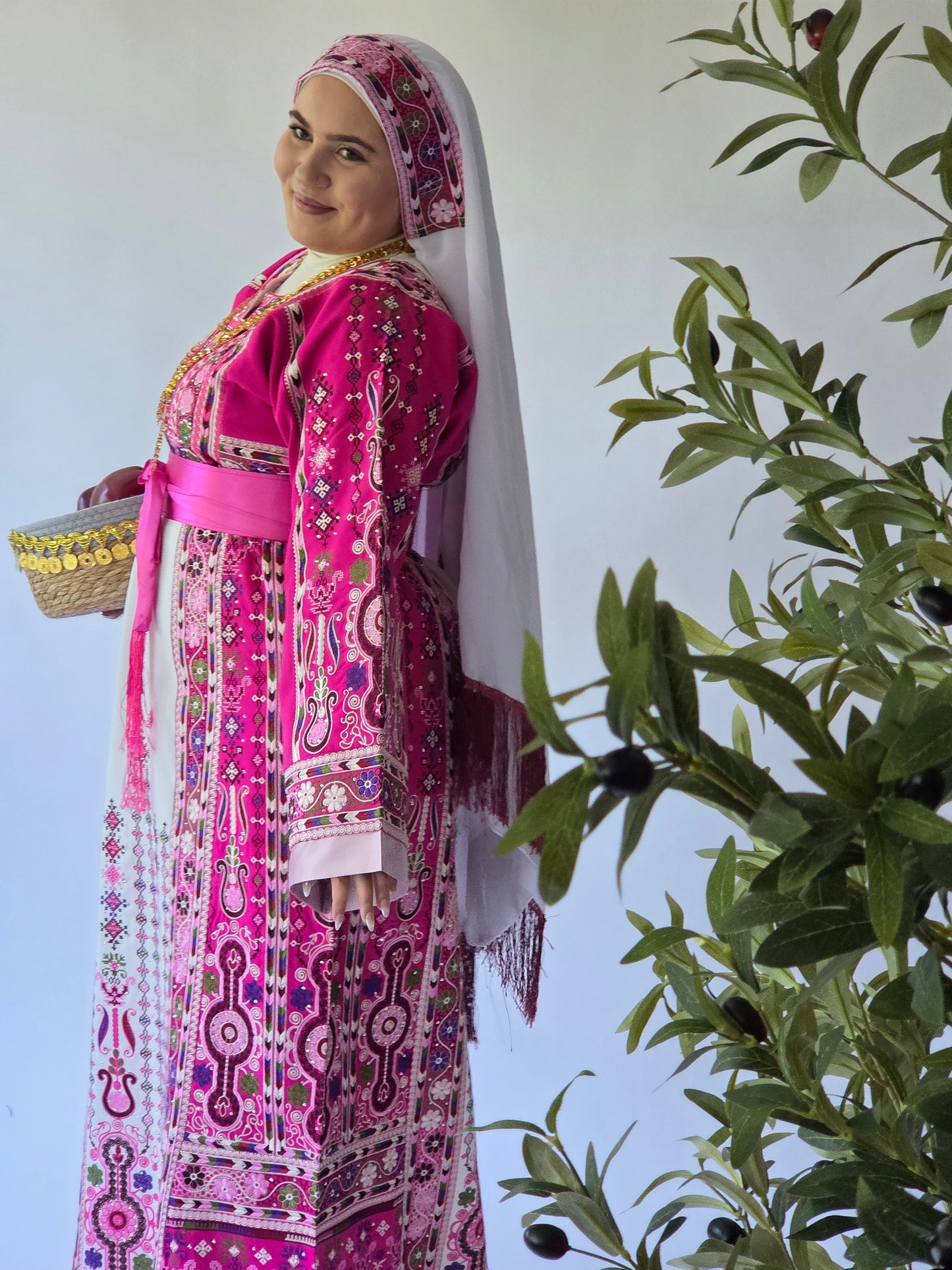 The Lujian Thobe - Hot Pink and White Diamond Traditional Full Tatreez Back and Front Thobe With Matching Head Veil