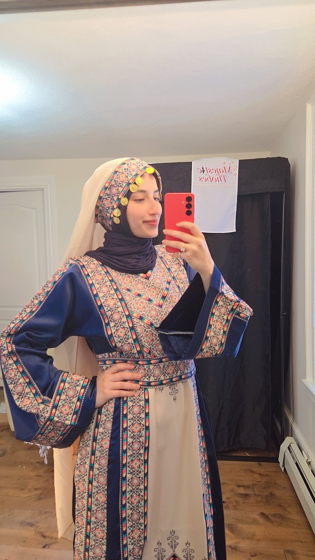 Nabuls Thobe - Navy and Beige Traditional Full tatreez back and front Thobe ( No veil)