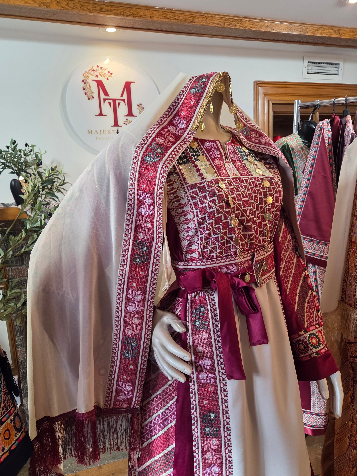 Naya Thobe - Red and White Embroidered Tatreez Thobe with Matching Head Veil (Palestinian Thobe/ Dress))