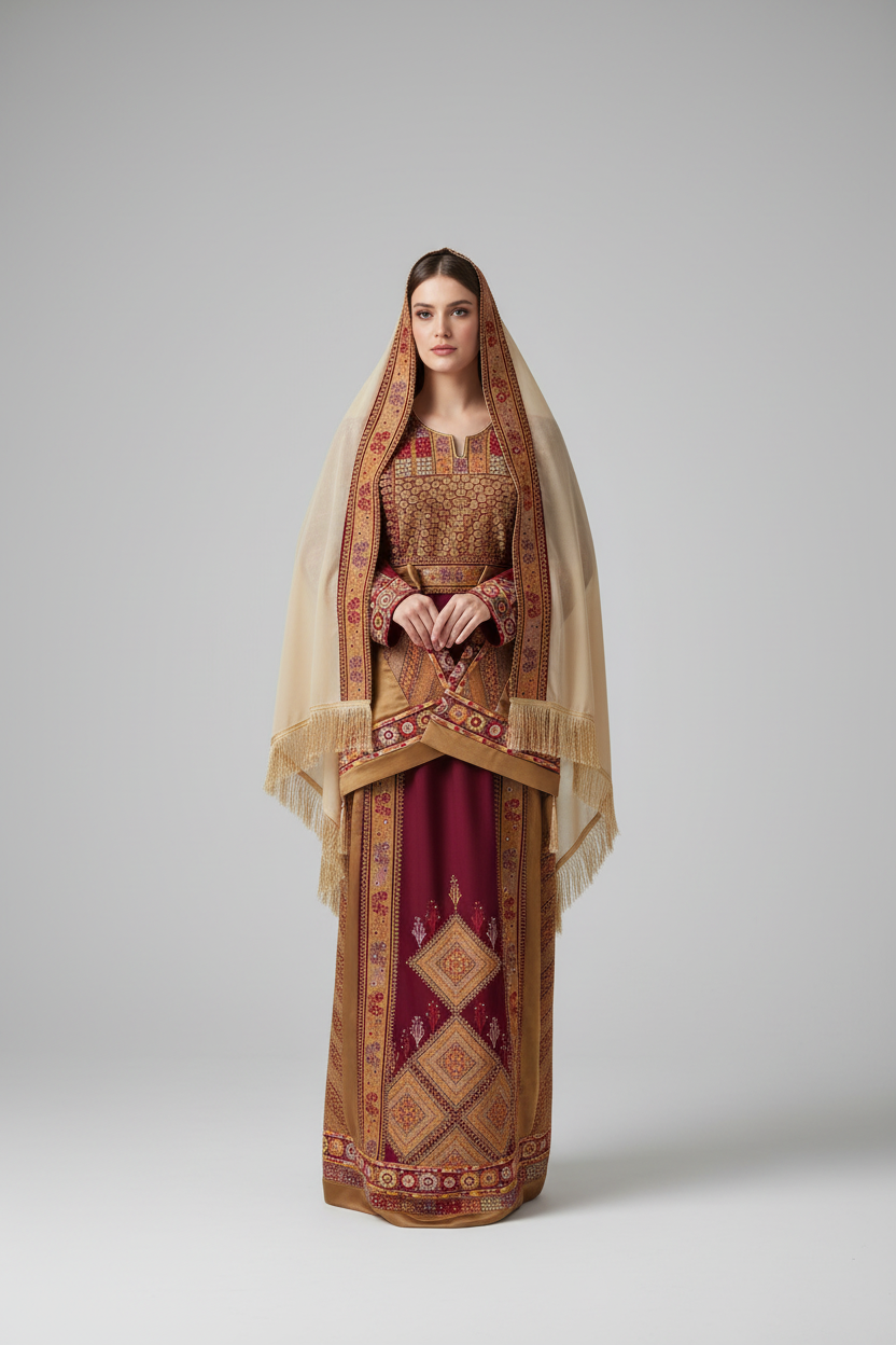 Naya Thobe - Burgundy and Gold Embroidered Tatreez Thobe with Matching Head Veil (Palestinian Thobe/ Dress)