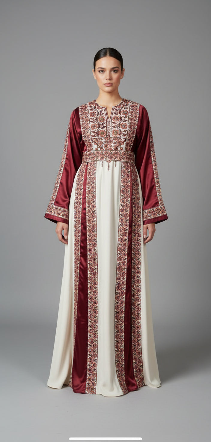 The Poppy Flower Thobe - Burgundy With Flowers & Sparkle Traditional Long Sleeve Full Embroidered Palestinian Thobe/Dress