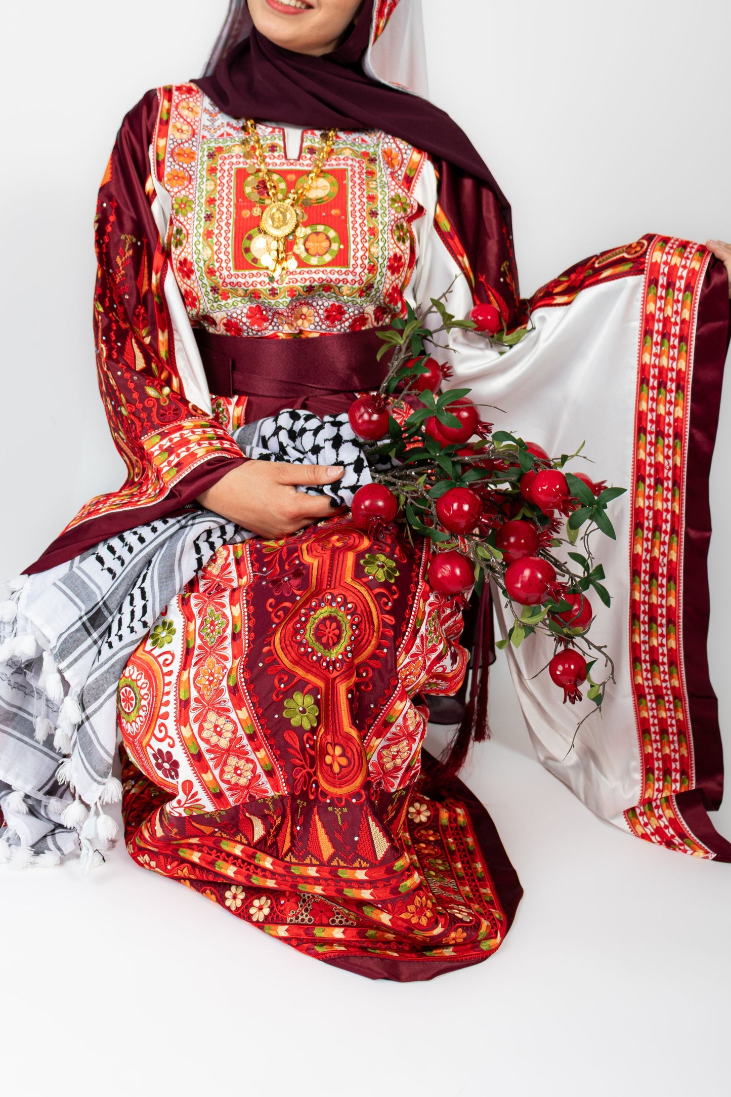 The Celine Thobe - Palestinian Embroidered White & Burgendy Thobe with Matching Head Veil, Belt & Extra Long Sleeves | Traditional Tatreez Dress