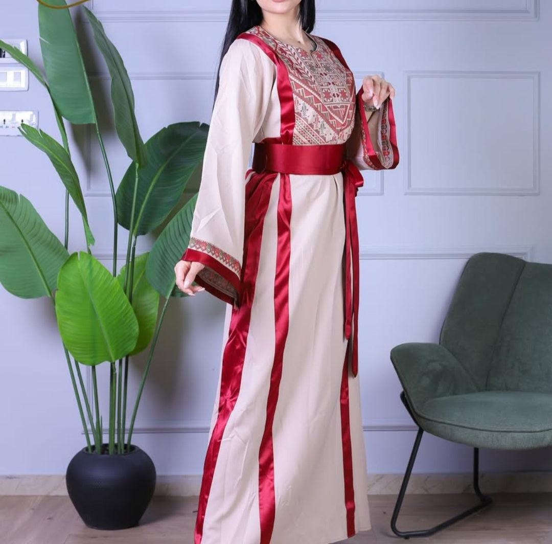 Dalal Thobe Traditional Long Sleeve Embroidered With Satin Palestinian Thobe/Dress