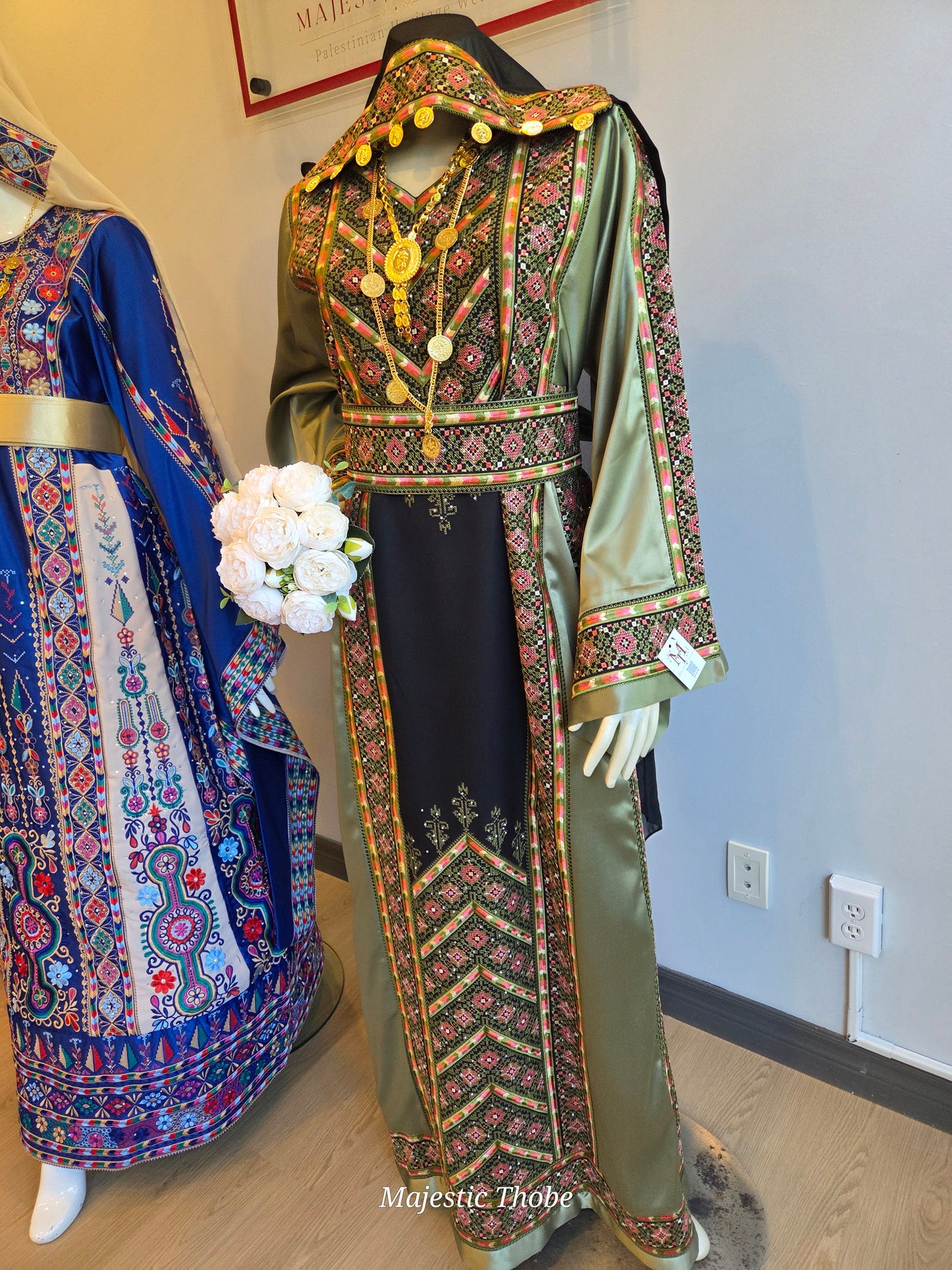 Nabuls Thobe - Olive Green and Beige Traditional Full Tatreez Back and Front Thobe