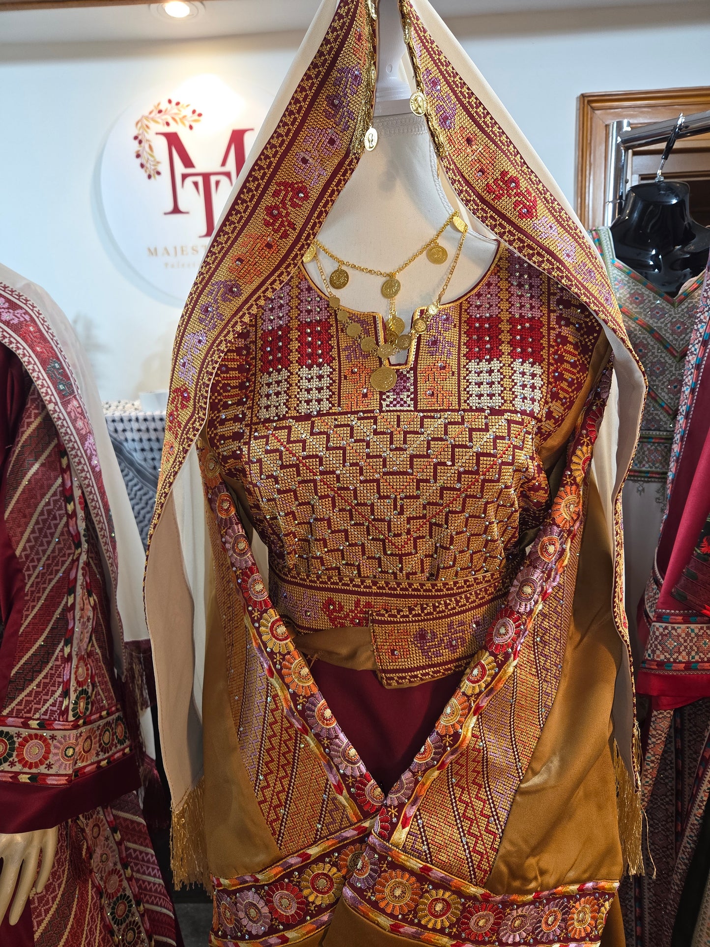 Naya Thobe - Burgundy and Gold Embroidered Tatreez Thobe with Matching Head Veil (Palestinian Thobe/ Dress)