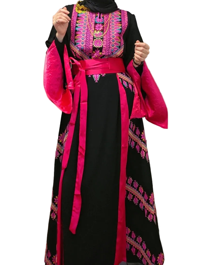The Asia Thobe Black & Hot Pink Modern Full tatreez & Satin back and front Thobe With Matching head Veil