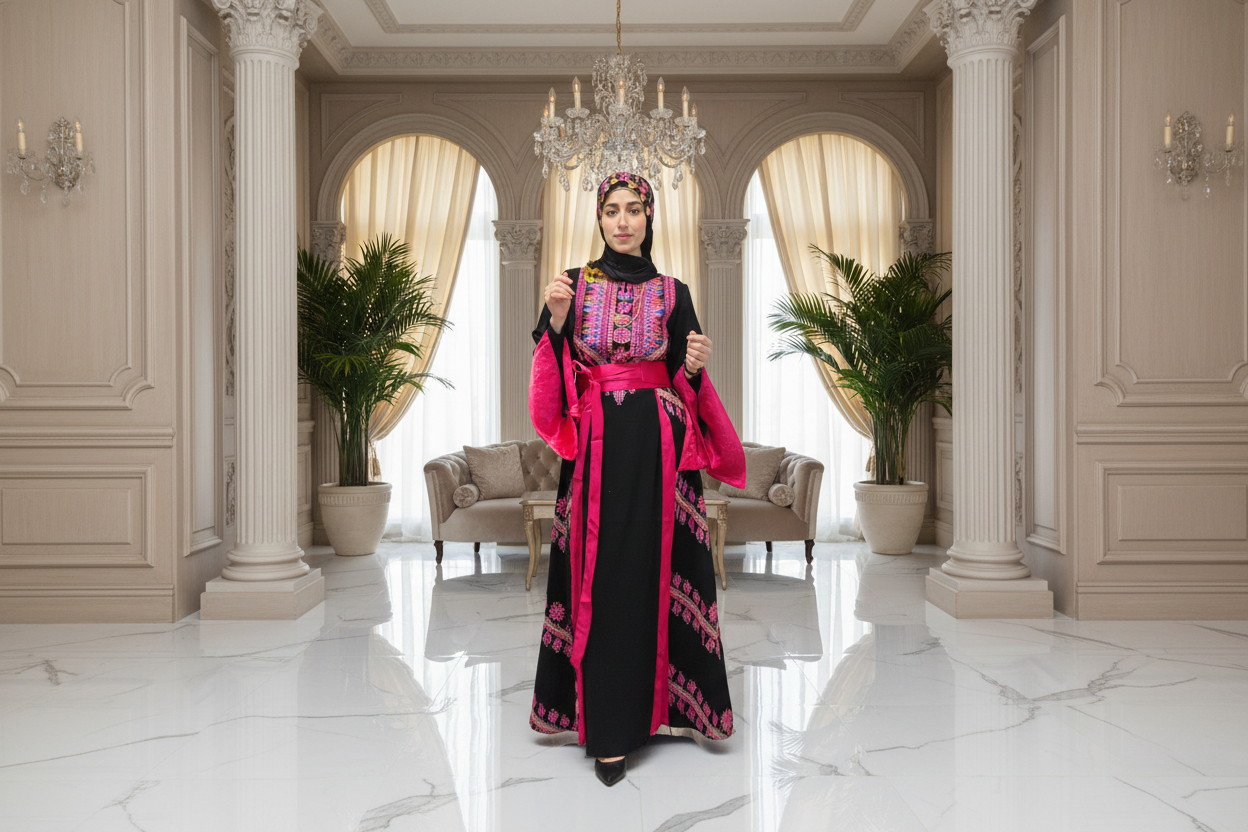 The Asia Thobe Black & Hot Pink Modern Full tatreez & Satin back and front Thobe With Matching head Veil