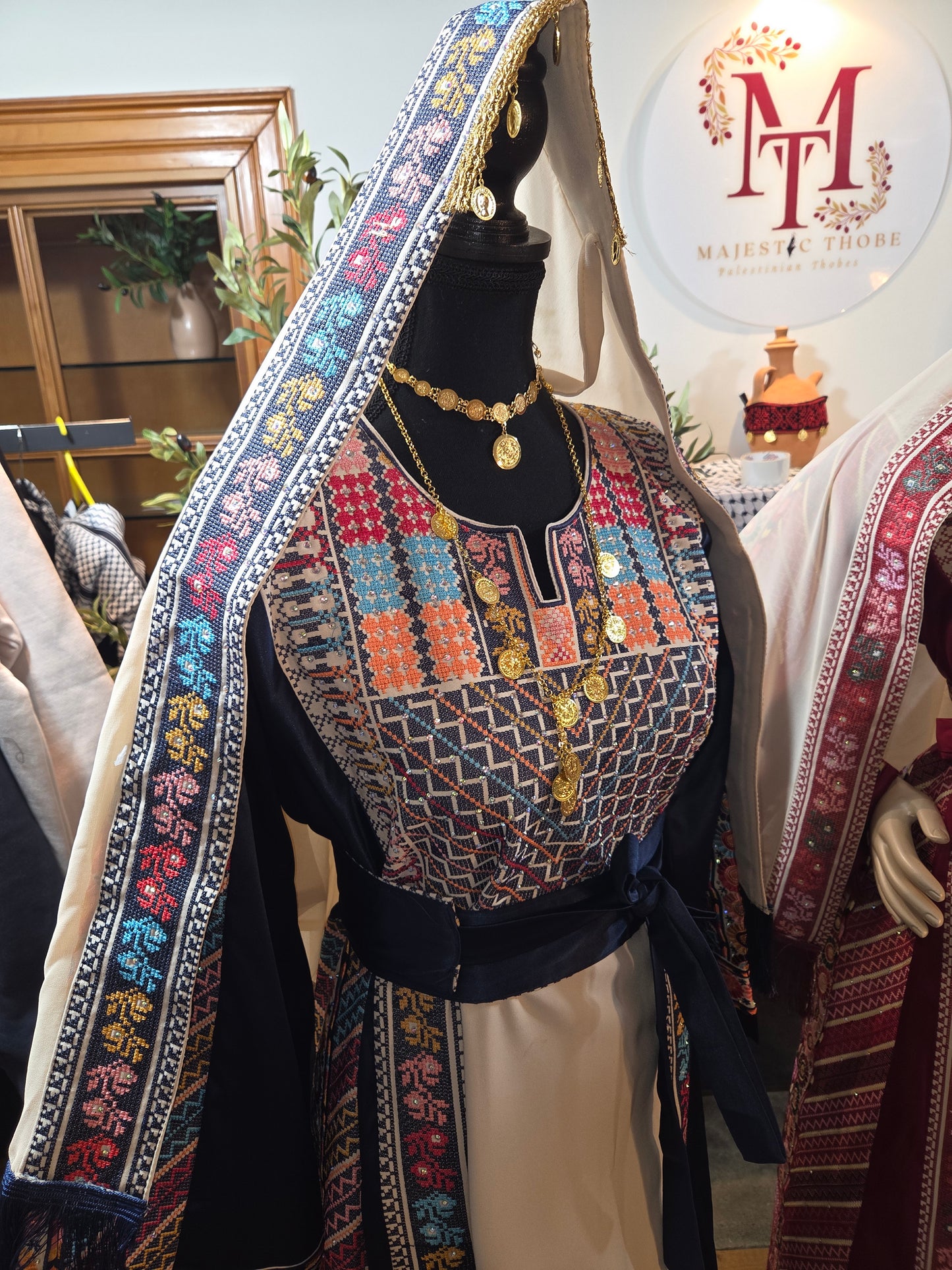 Naya Thobe - Blue and White Embroidered Tatreez Thobe with Matching Head Veil (Palestinian Thobe/ Dress)