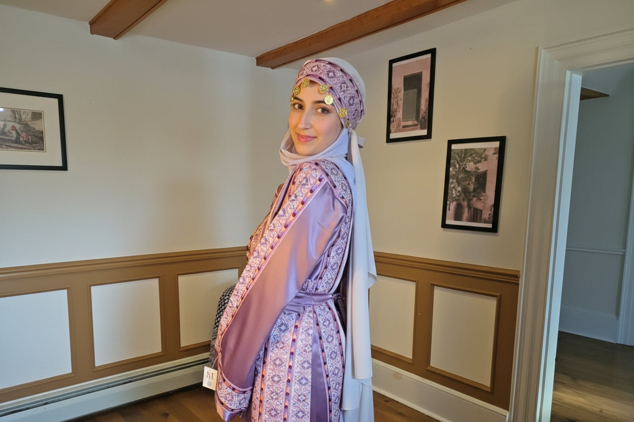 Nabuls Thobe - Lilac and Beige Traditional Full Tatreez Thobe ( No veil)