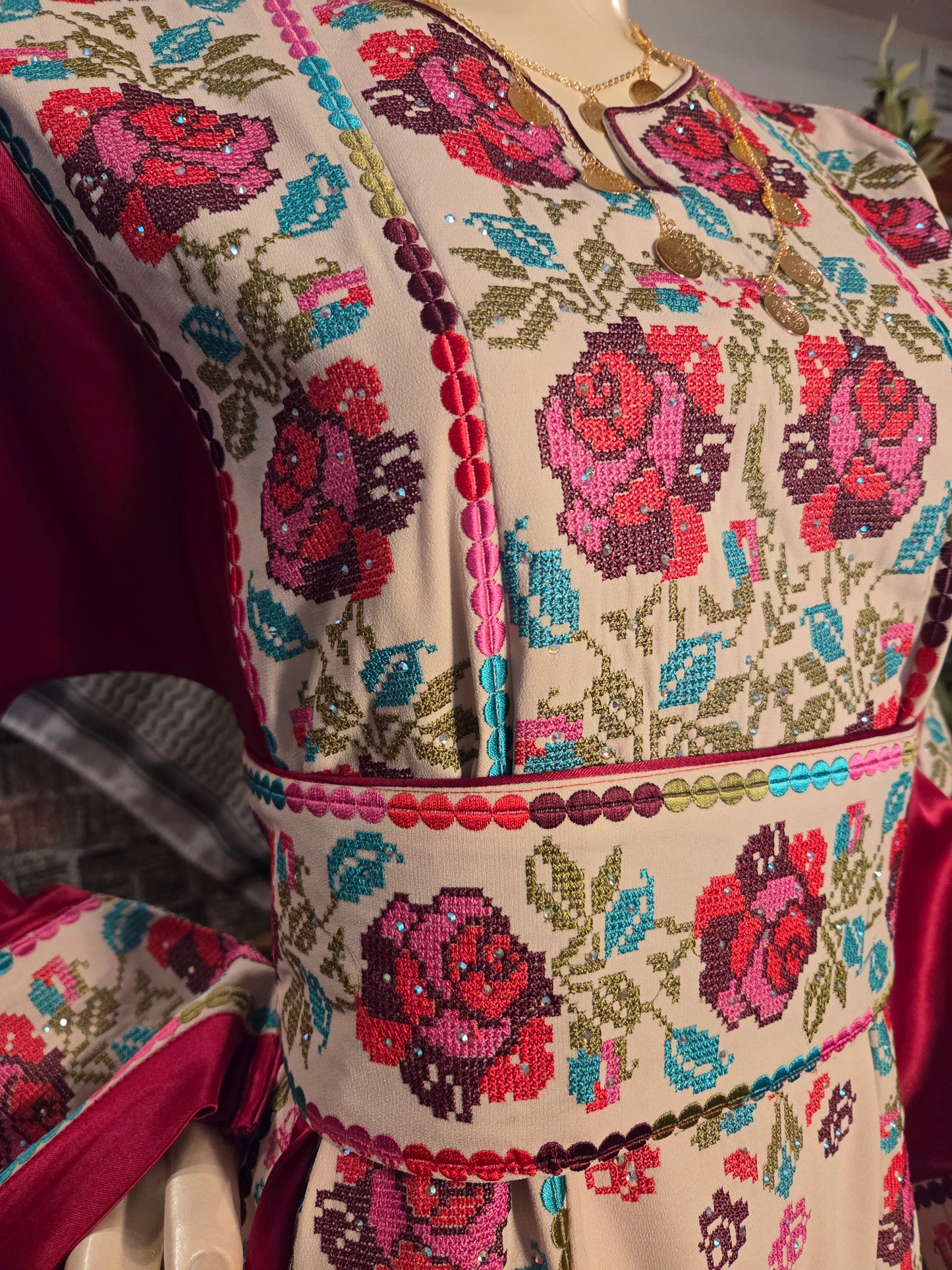 Warda Thobe - Burgundy Traditional Full Tatreez Back and Front With Satin Thobe