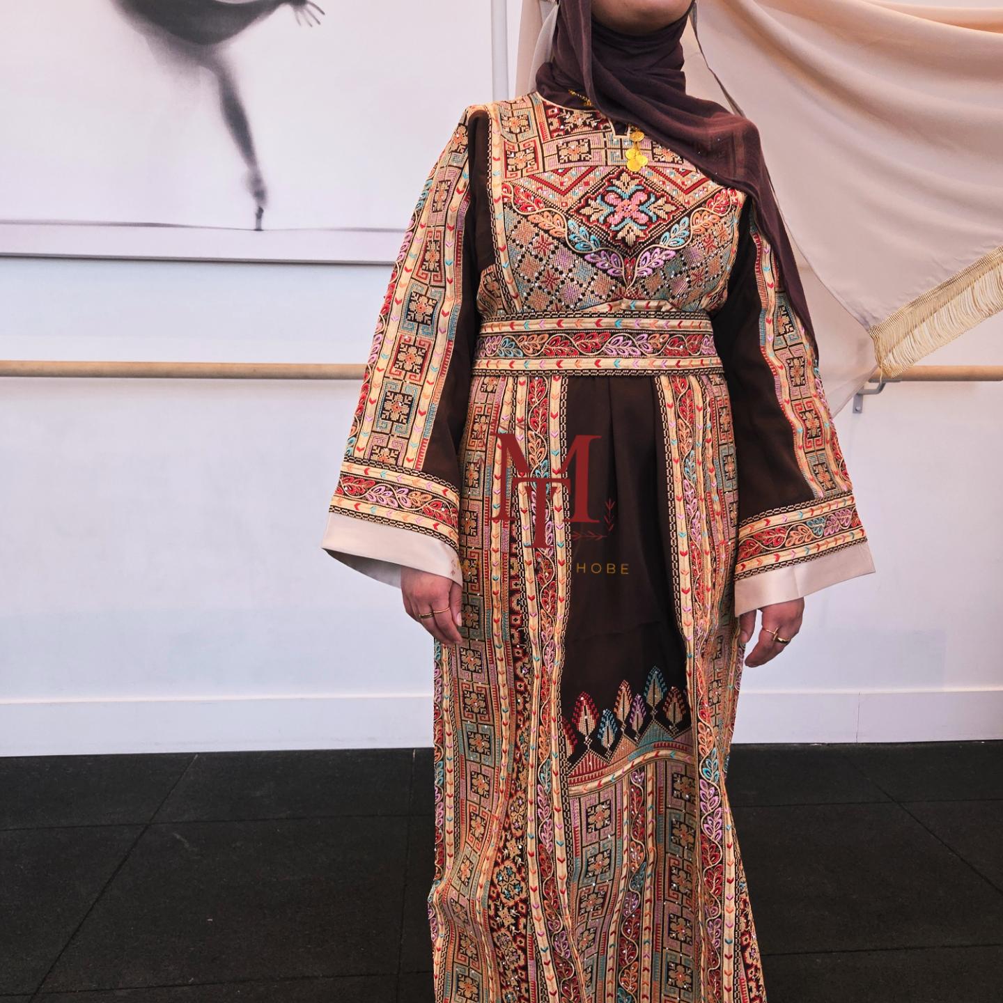 The Shaima Thobe - Brown & Beige Traditional Full Tatreez Back and Front Thobe With Matching head Veil