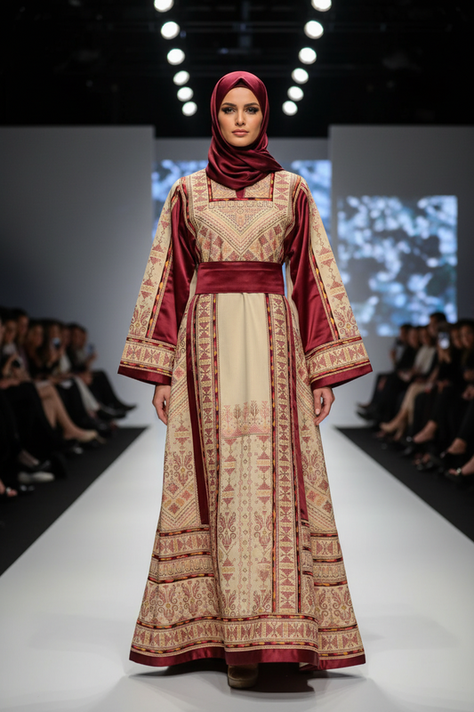 Ella Thobe Bridal Diamond Traditional Full tatreez back and front Thobe With Matching head Veil