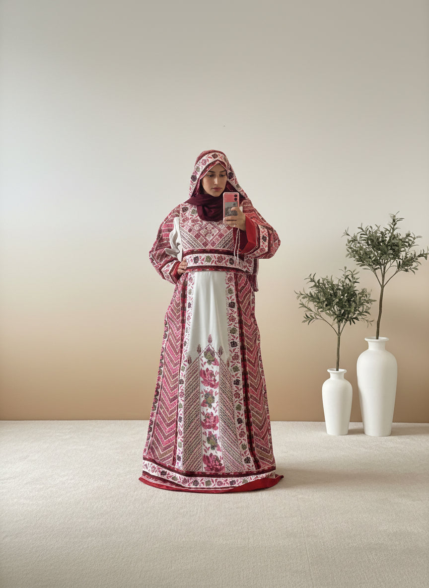 Flora Thobe Floral Traditional Full Tatreez back and front Thobe With Veil