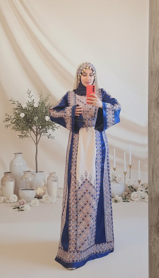 Nabuls Thobe - Navy and Beige Traditional Full tatreez back and front Thobe ( No veil)