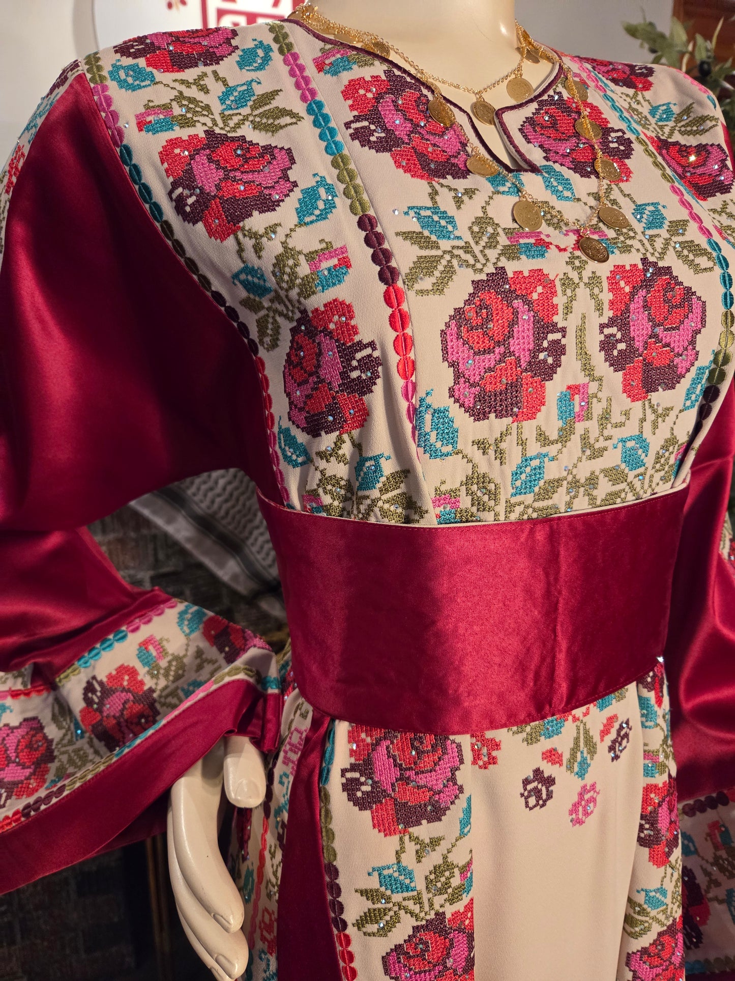 Warda Thobe - Burgundy Traditional Full Tatreez Back and Front With Satin Thobe