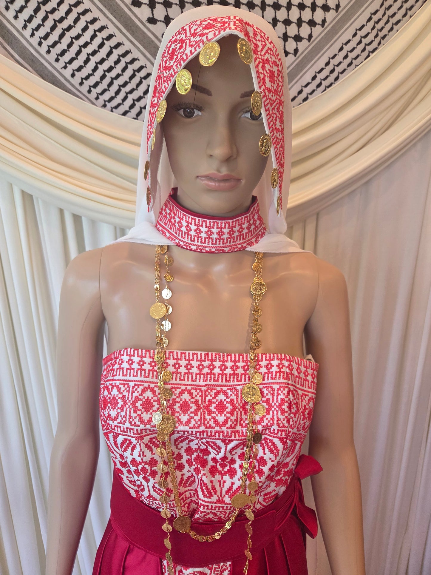 Rafah - Red & White Modern Strapless Full Tatreez Thobe ( 4 Pieces)