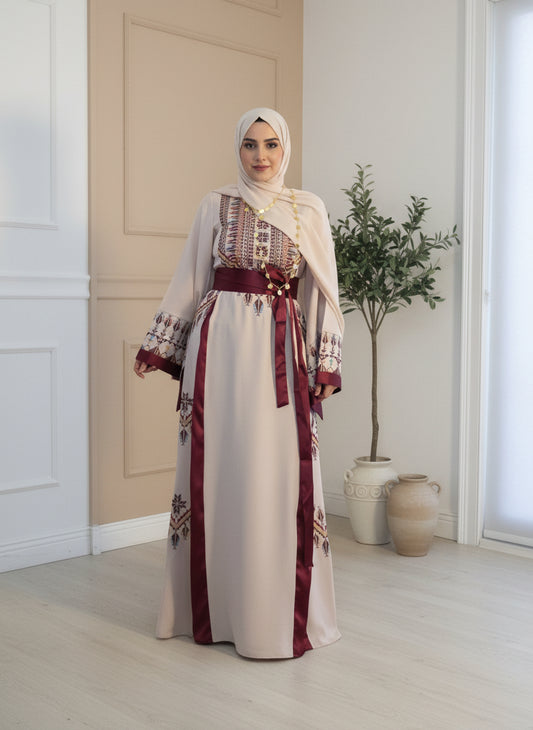 Asia Thobe Burgendy & Beige Modern Full tatreez & Satin back and front Thobe With Matching head Veil