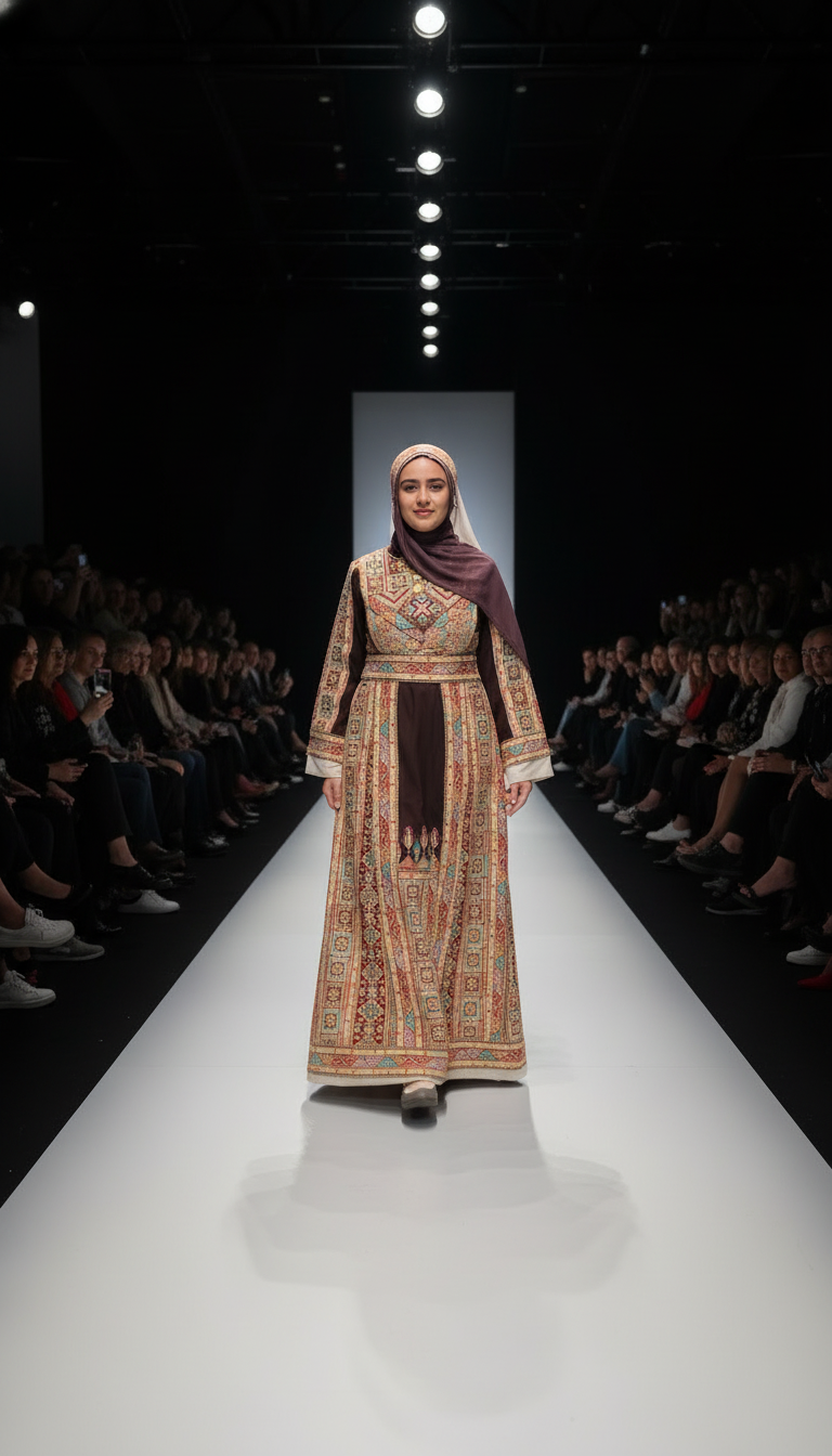 Shaima Thobe Brown Traditional Full Tatreez Back and Front Thobe With Matching head Veil
