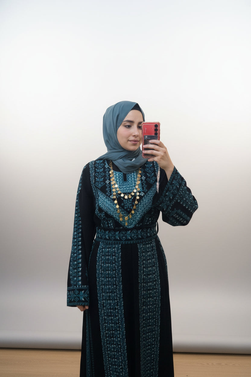 The Fayroz Thobe - Palestinian Embroidered Black & Turquoise Thobe | Traditional Tatreez Dress