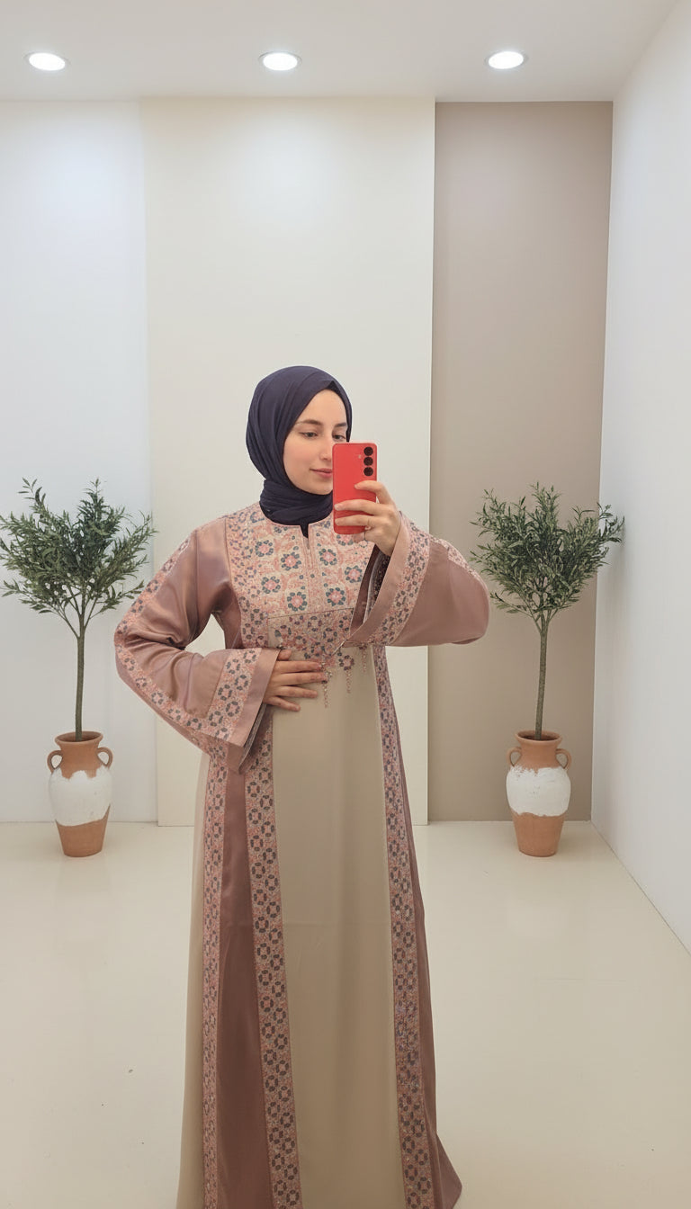 The Poppy Flower Thobe - Light Pink/Beige With Flowers & Sparkle Traditional Long Sleeve Full Embroidered Palestinian Thobe/Dress