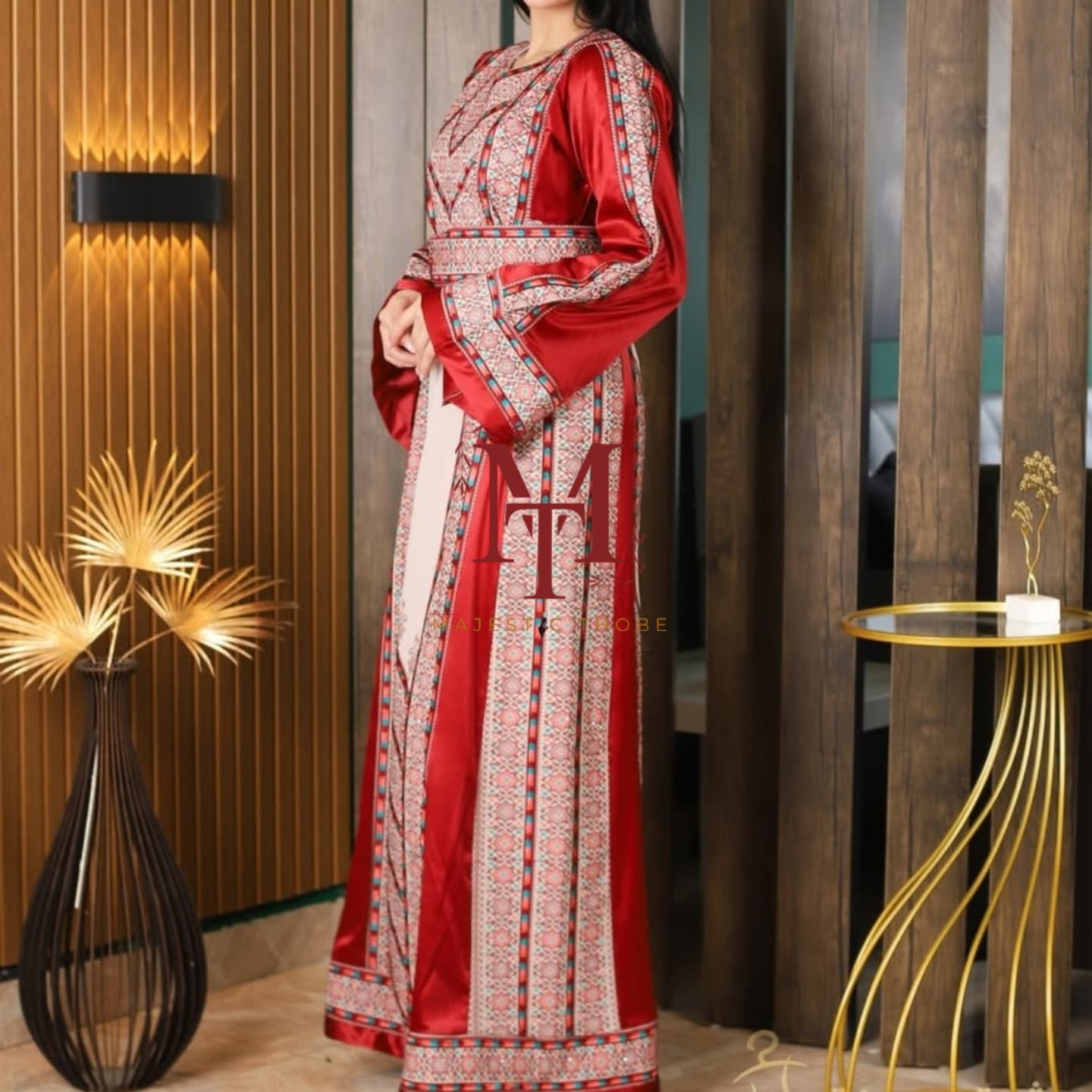 Nabuls Thobe - Burgundy and Beige Traditional Full tatreez back and front Thobe (No veil)