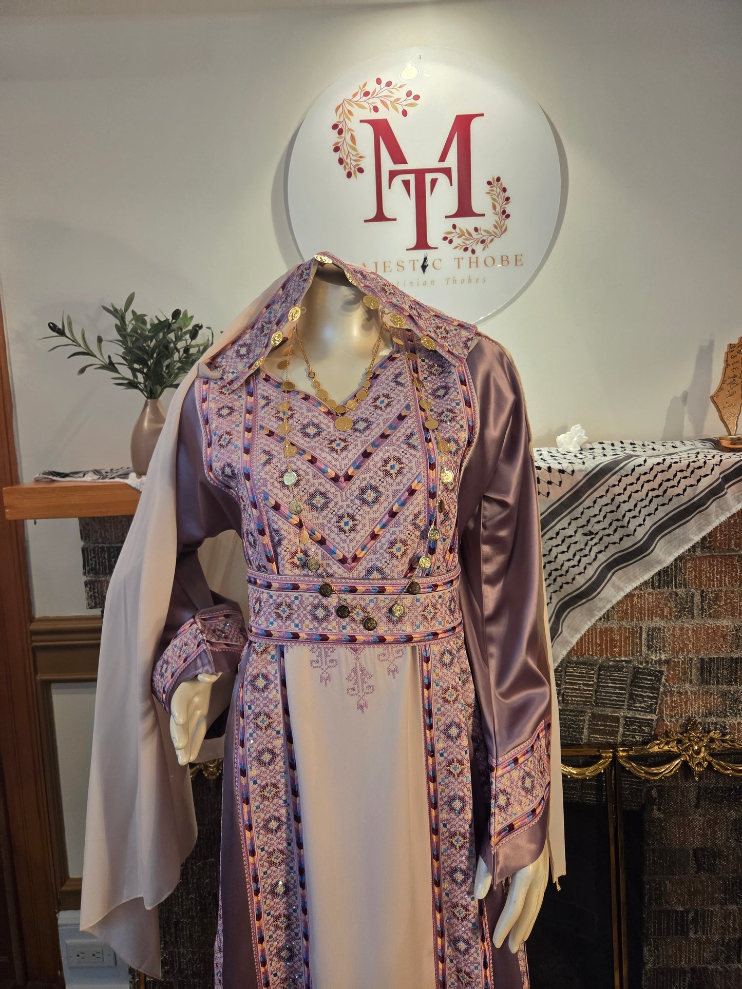 Nabuls Thobe - Lilac and Beige Traditional Full Tatreez Thobe ( No veil)