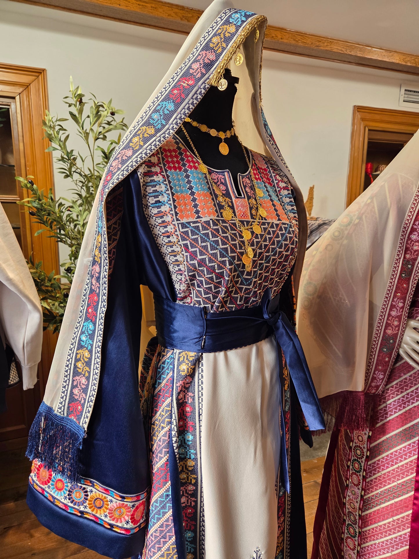Naya Thobe - Blue and White Embroidered Tatreez Thobe with Matching Head Veil (Palestinian Thobe/ Dress)