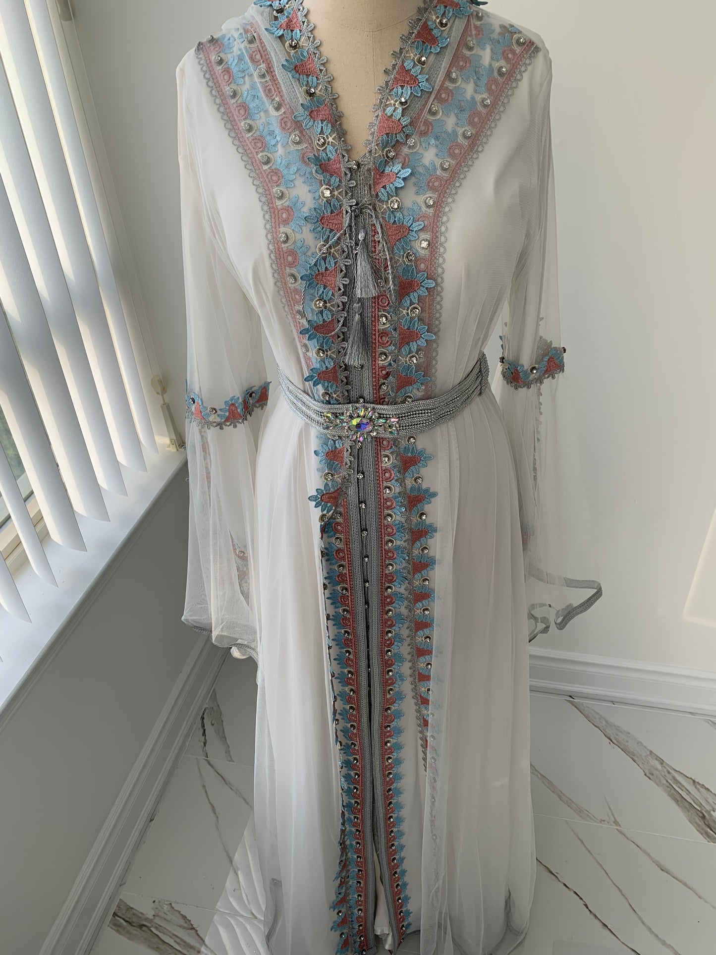 White/Blue/Pink Kuftan Front Embroidered