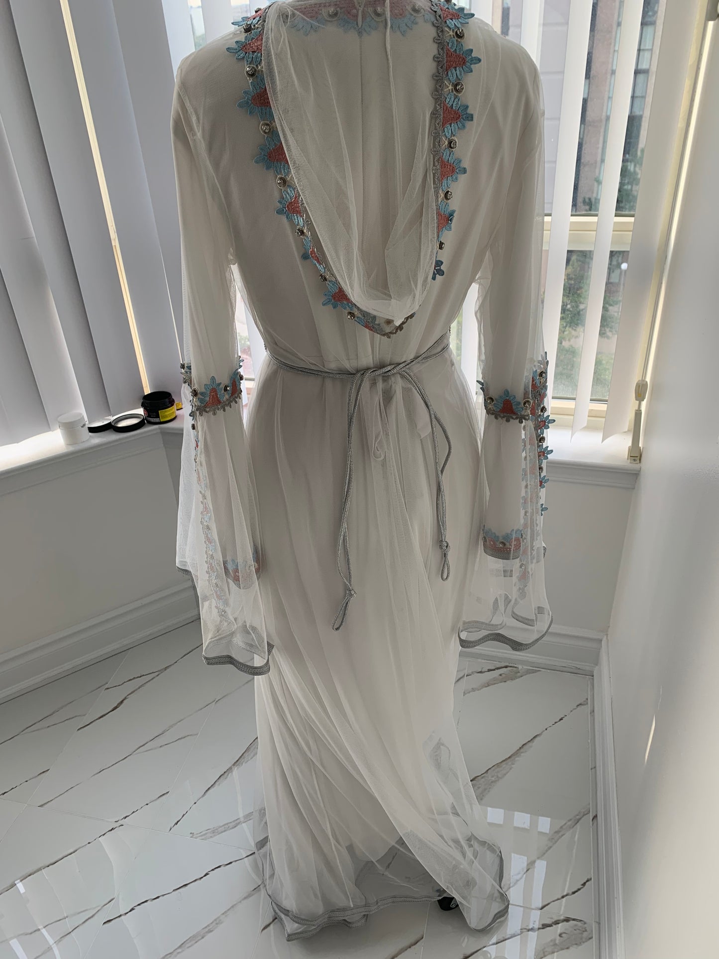 White/Blue/Pink Kuftan Front Embroidered