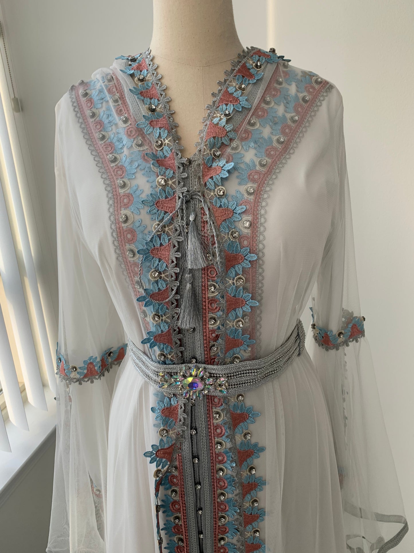 White/Blue/Pink Kuftan Front Embroidered