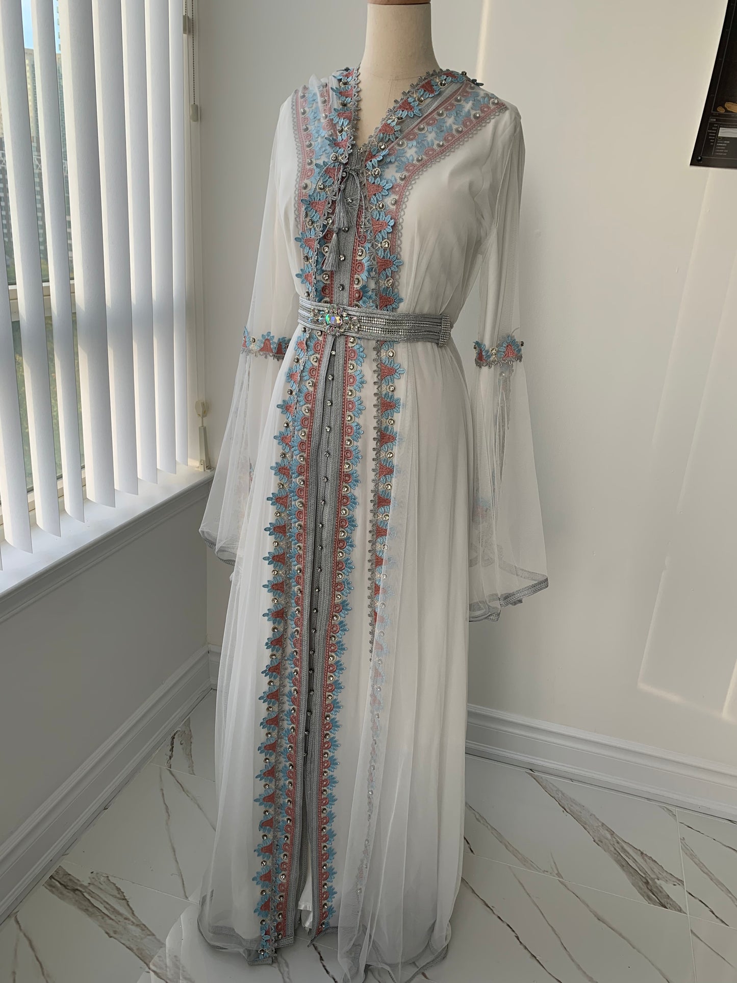 White/Blue/Pink Kuftan Front Embroidered