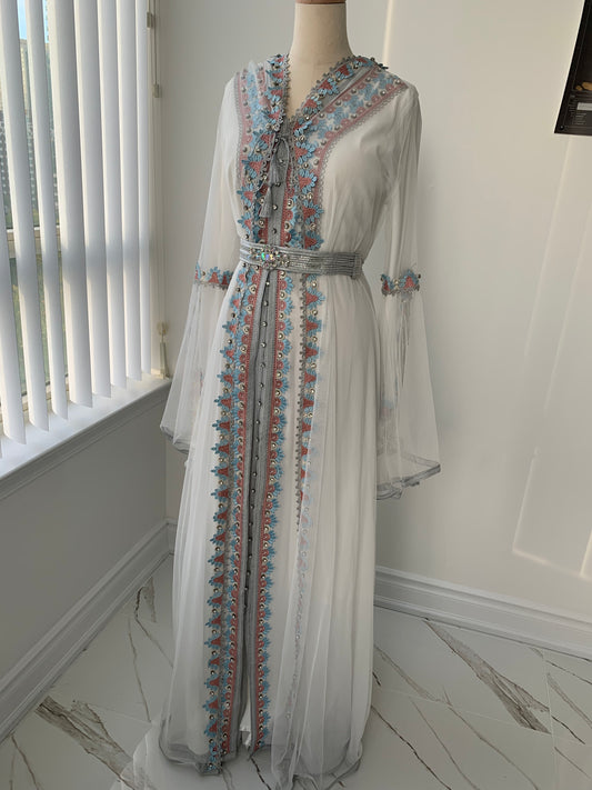 White/Blue/Pink Kuftan Front Embroidered