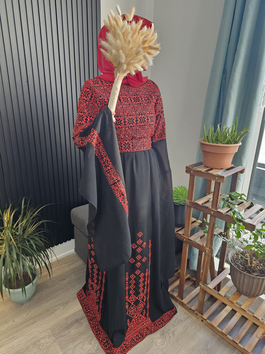 Red & Black Full Embroidery Palestinian Thobe with Extra Long Sleeves -  Al Ramallah
