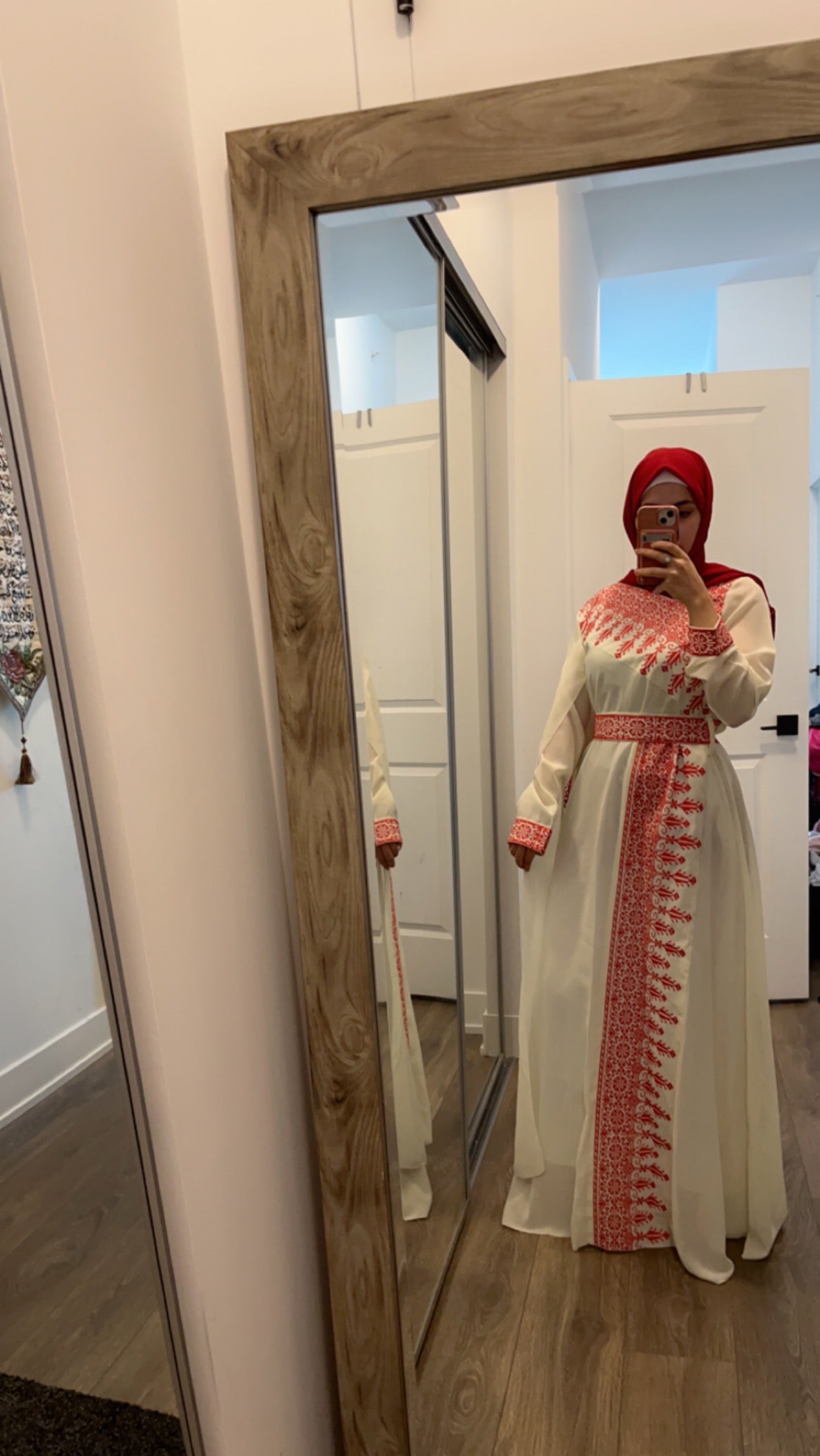 White & Red Tatreez One Shoulder Embroidery Palestinian Thobe - Al Jerusalem ( No Veil )